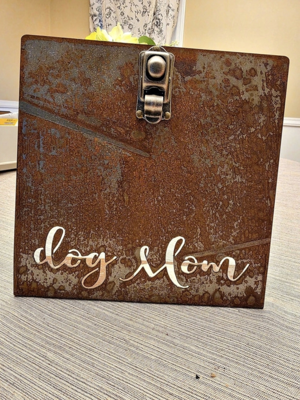 Sweet Bird & Co. Dog Mom Rustic Metal Box. Brown